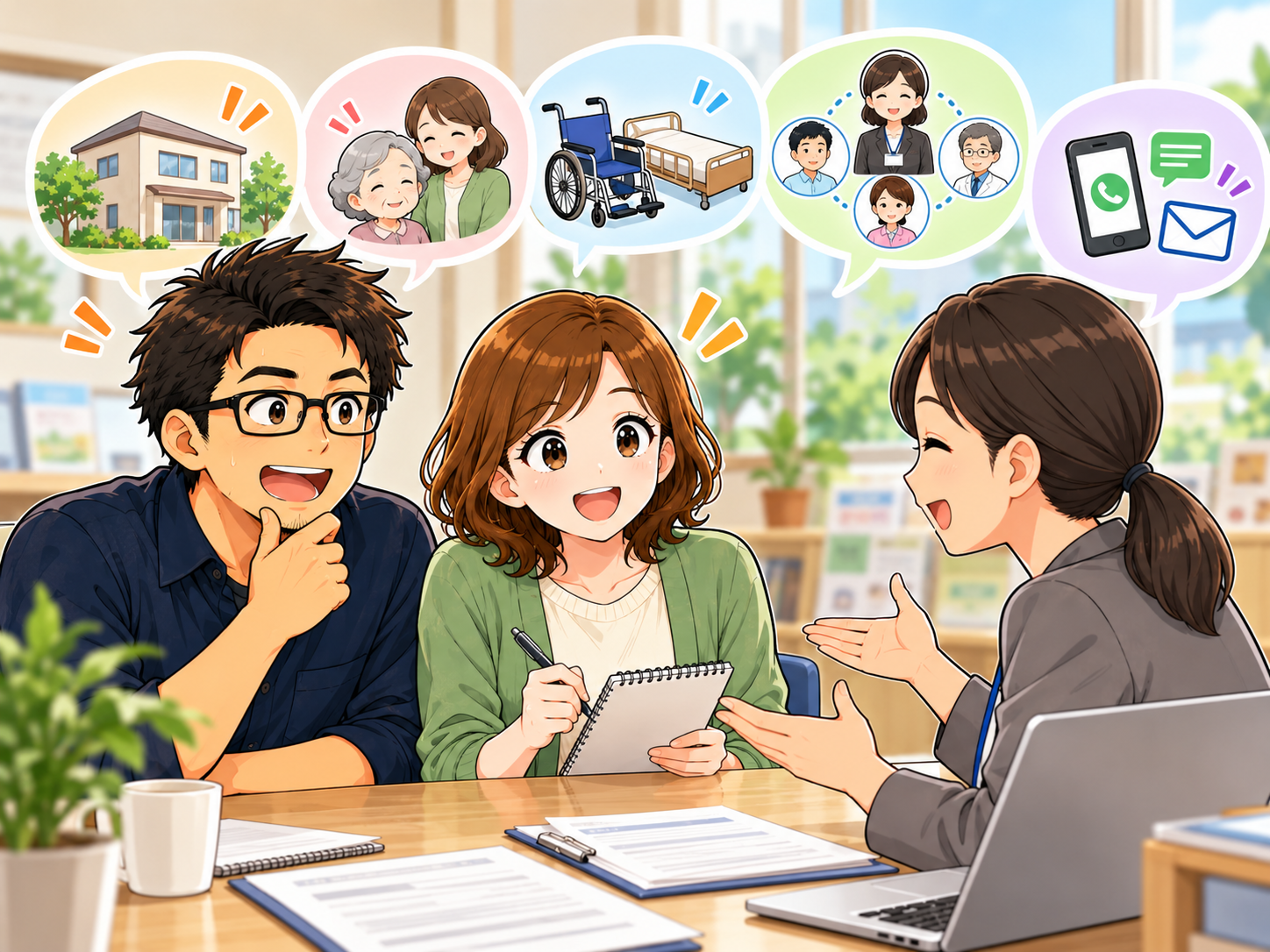 ケアマネとの初回面談で質問する夫婦のイラスト