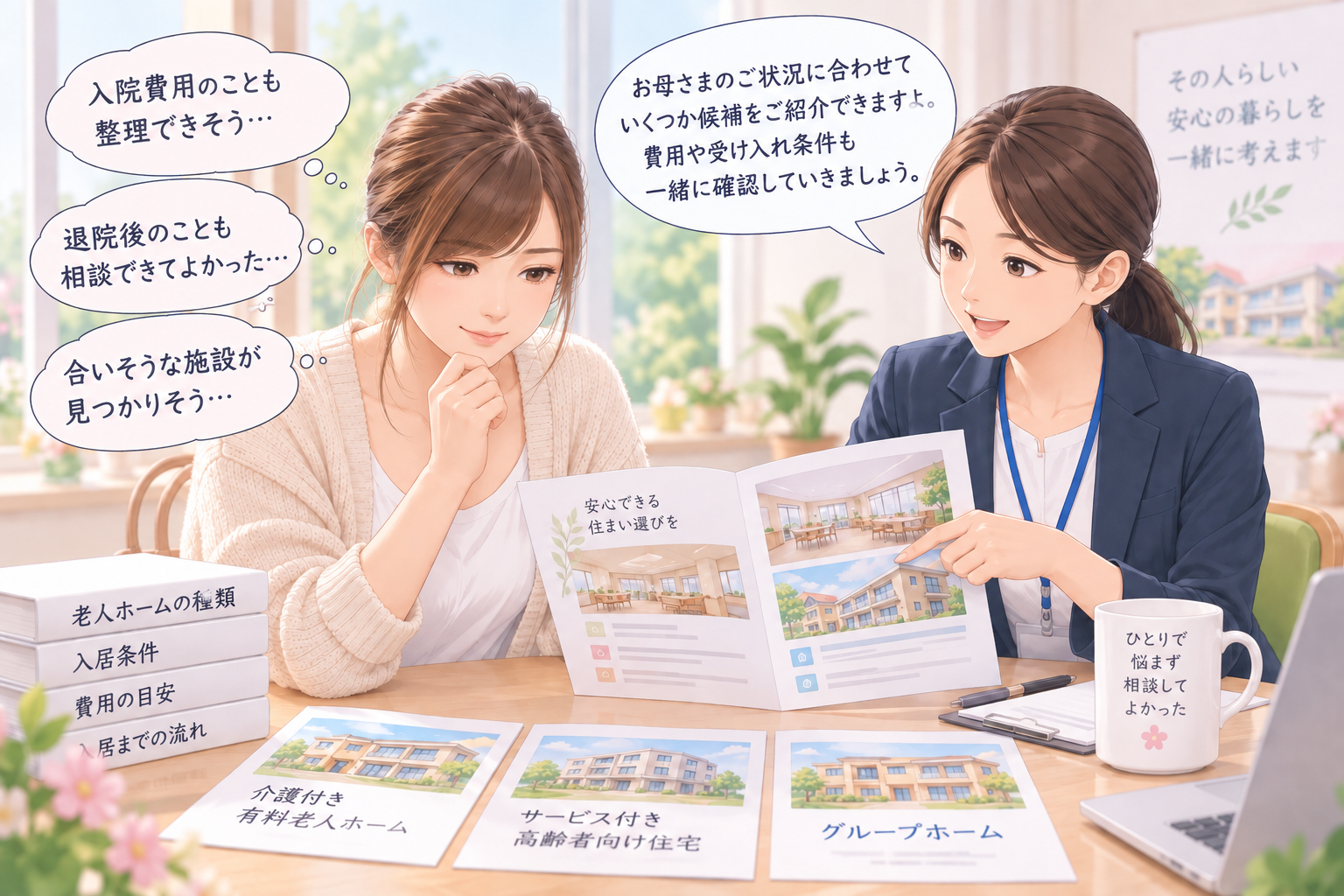 母の入居先老人ホームが見つかりそうでほっとしている母の子（娘）。