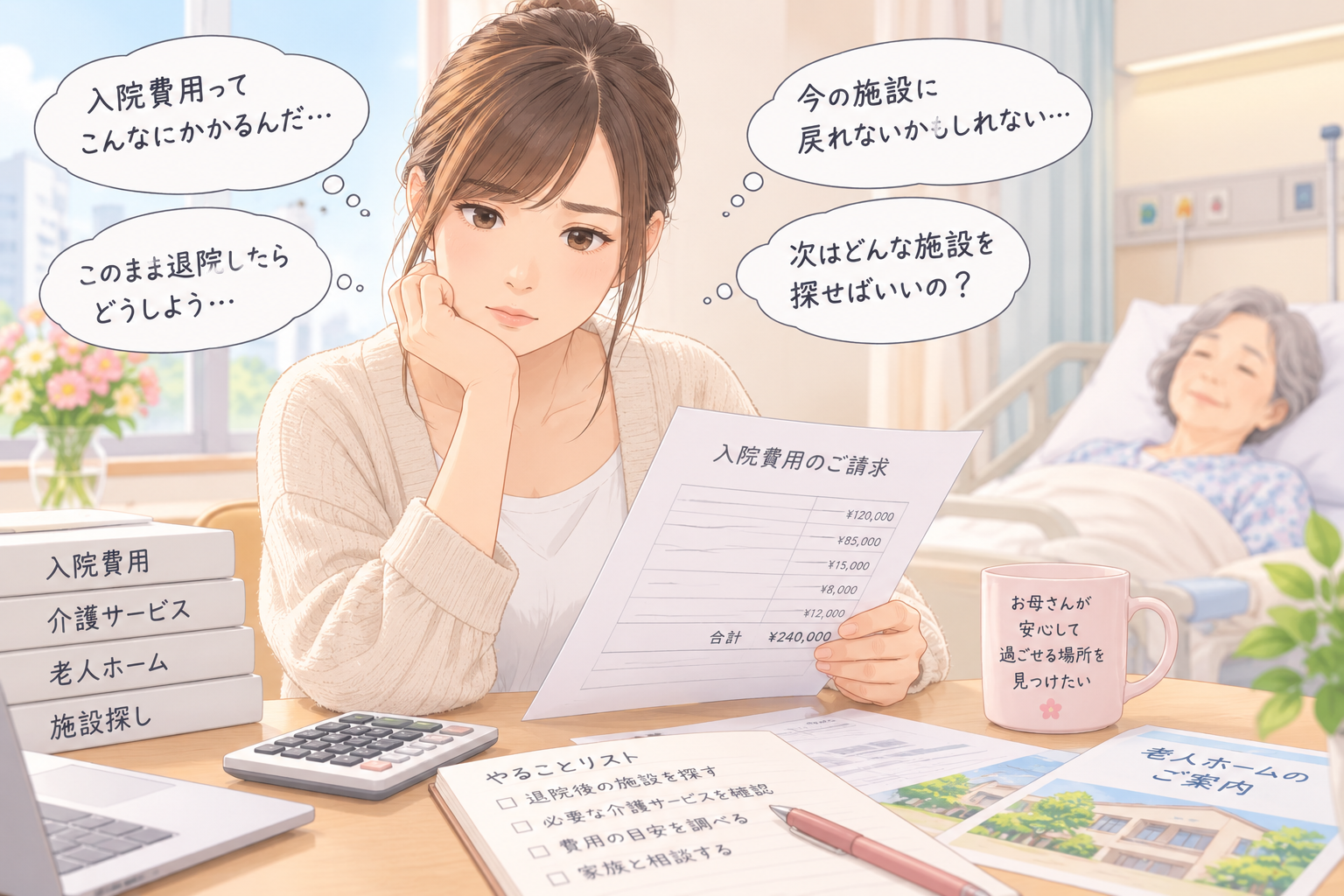 入院費用や次の施設探しに悩んでいる母の子の様子。
