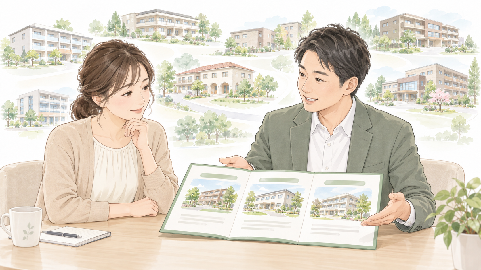 老人ホームの紹介をしている老人ホーム入居相談員と、紹介された老人ホームに関心を示している家族（娘）。