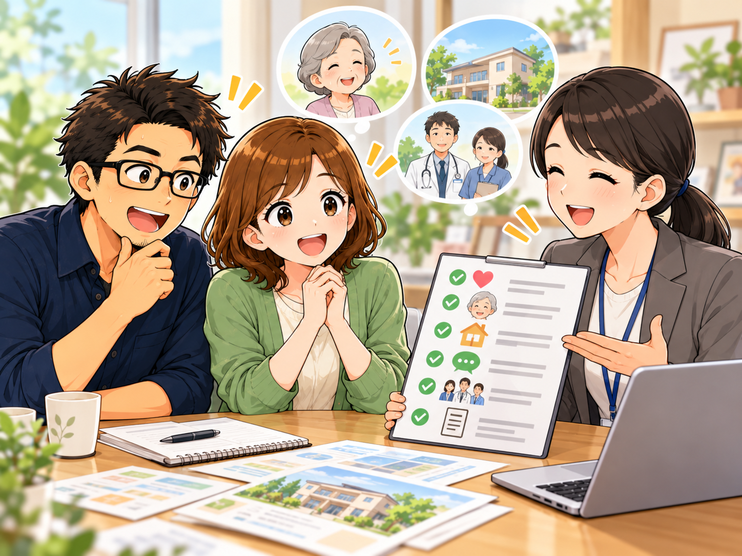 良いケアマネを見極めるポイントを確認する夫婦のイラスト