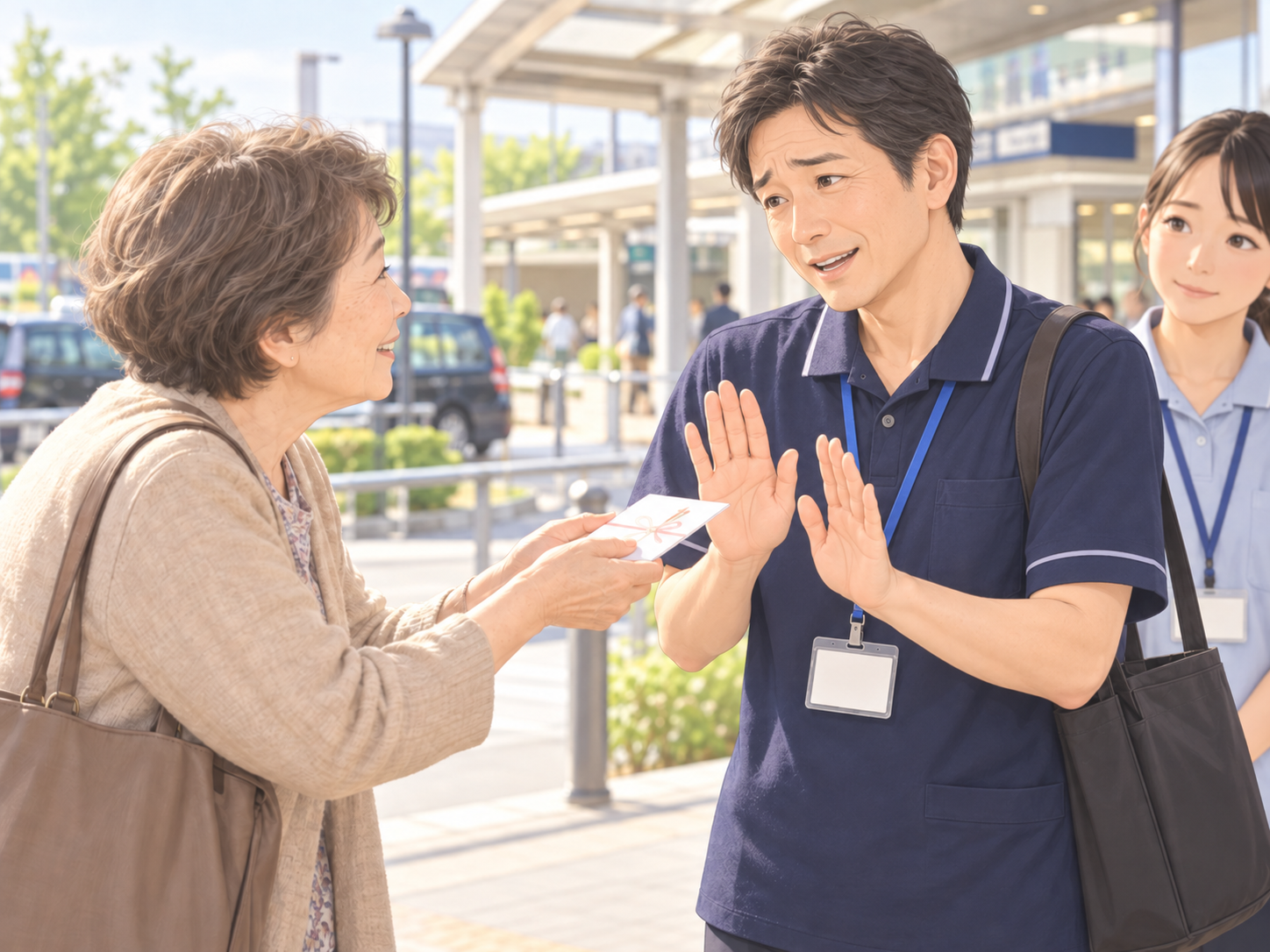 家族から金券入りの封筒を渡されて困る介護職員のイメージ