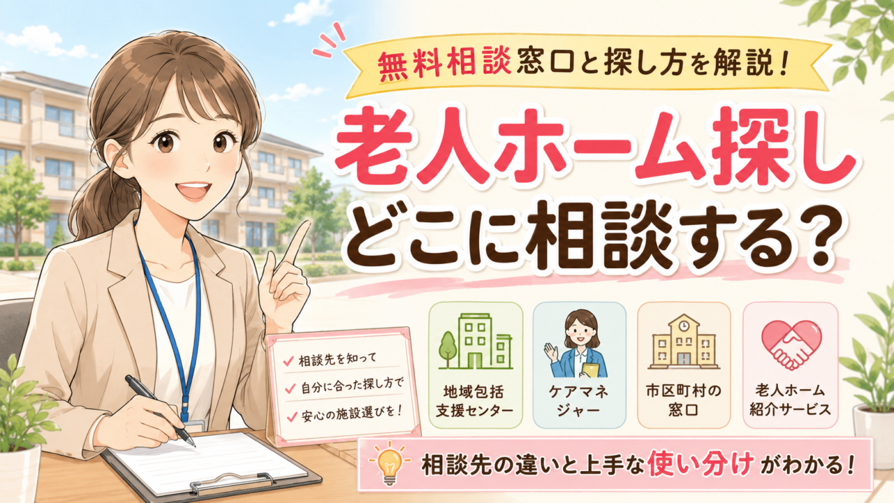 老人ホーム探しの相談先と施設の探し方を解説するイメージ