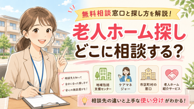 老人ホーム探しの相談先と施設の探し方を解説するイメージ