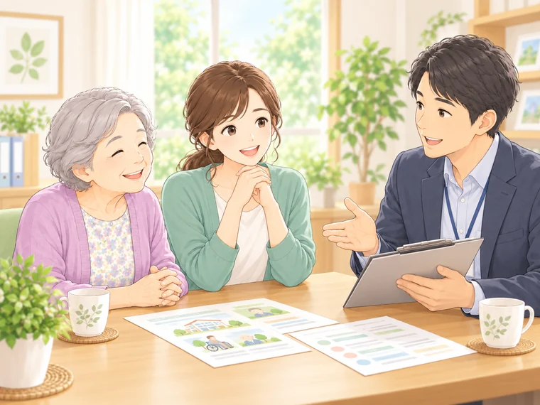 老人ホーム入居についてケアマネに相談する家族のイメージ