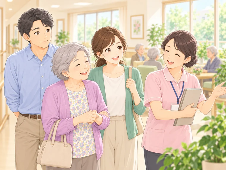 老人ホームの見学を家族と一緒にホームの担当者と見学をしている様子