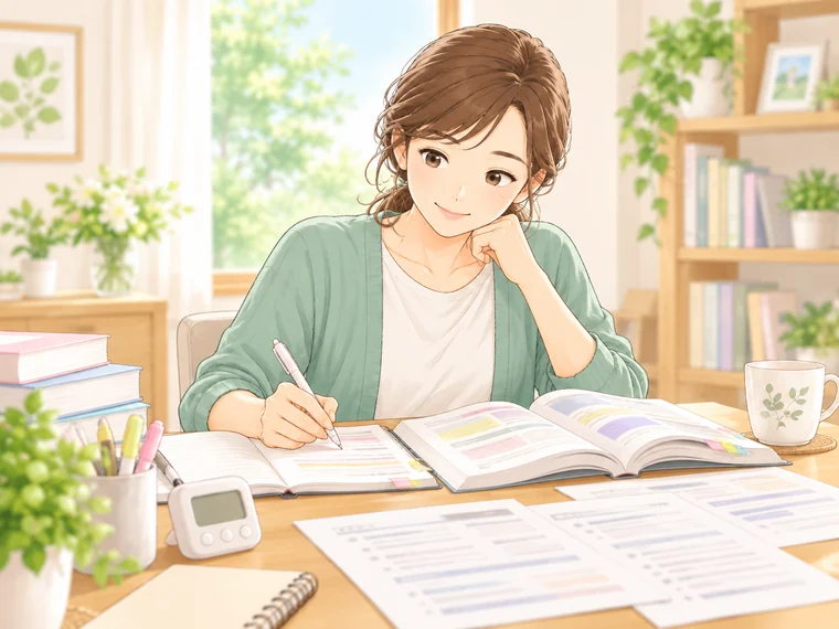 資格を取得するために受験勉強をしている様子。