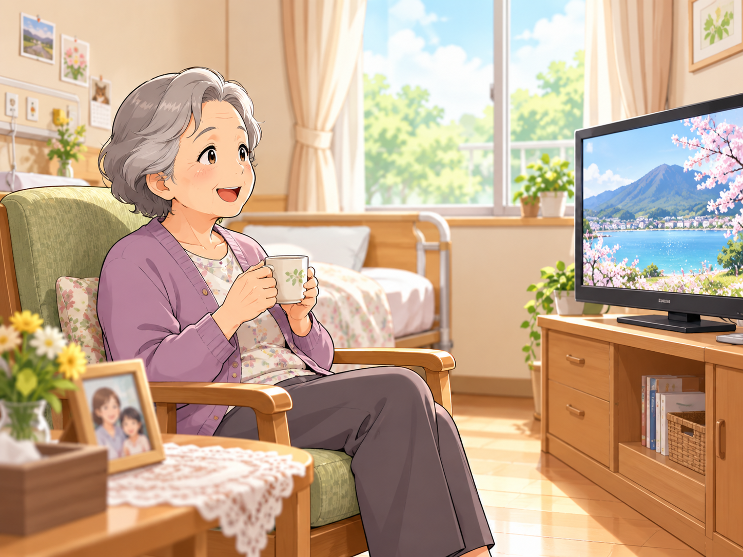 老人ホームの居室でテレビを見ながらくつろぐ高齢女性のイラスト