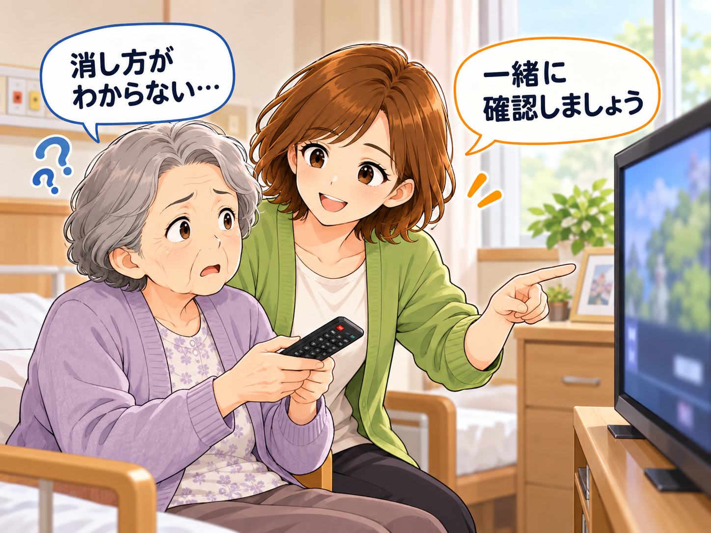 老人ホームでテレビのリモコン操作が分からず職員と一緒に確認する高齢女性のイラスト