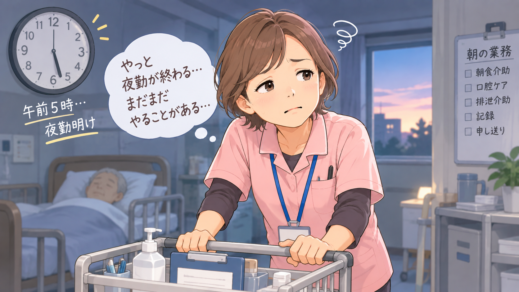 介護職の夜勤で朝5時から起床介助や朝食、記録、申し送りが続く様子