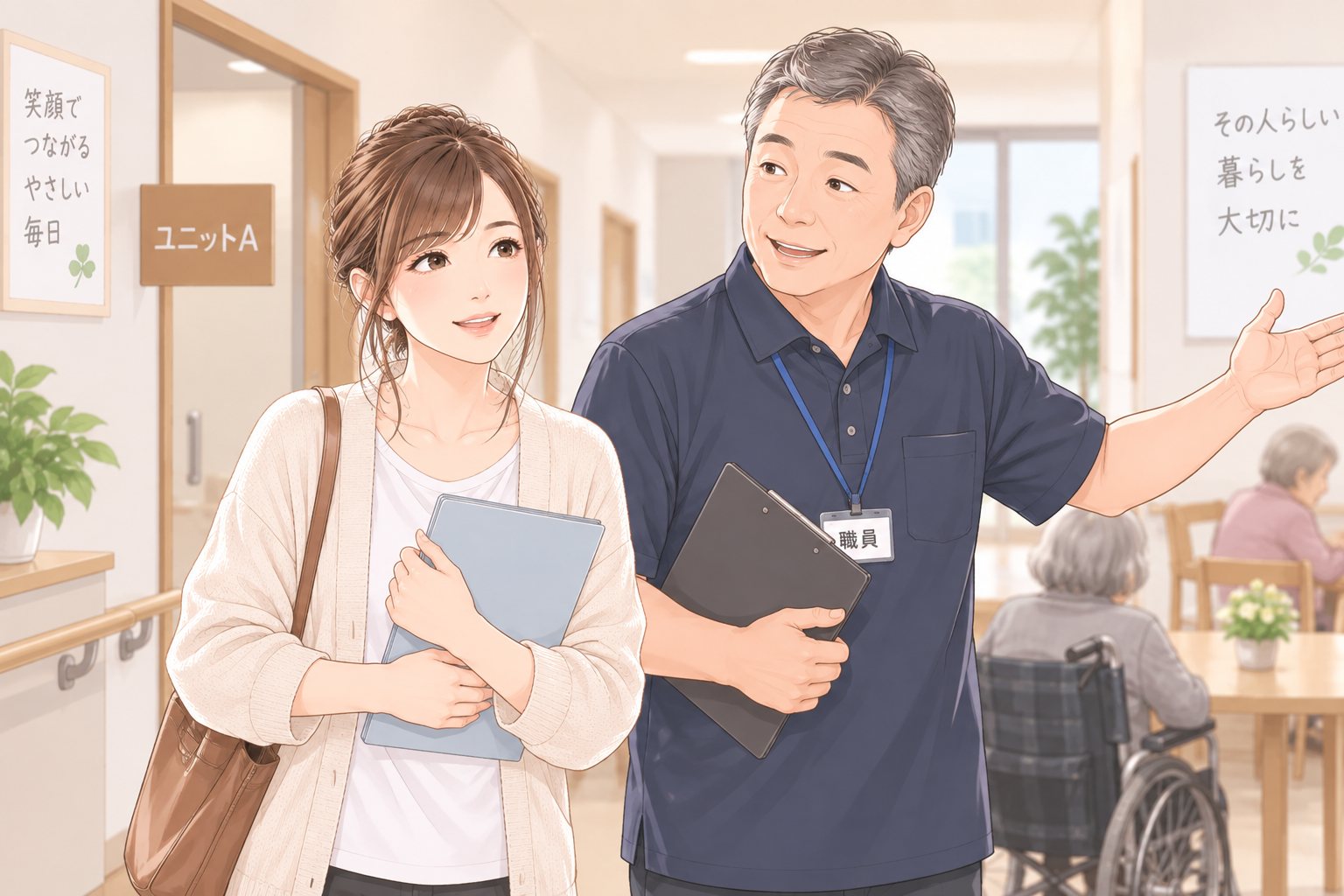 特別養護老人ホームを職員と一緒に見学する介護職