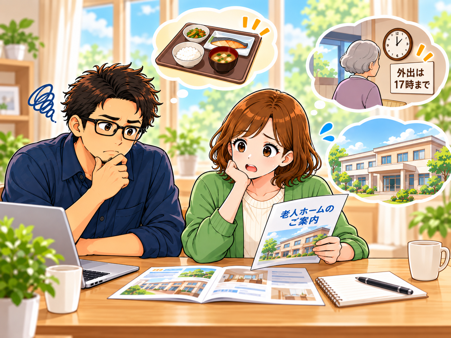 老人ホームの住み替えを考え、よっしーと嫁が施設の資料を見ながら悩んでいるイラスト