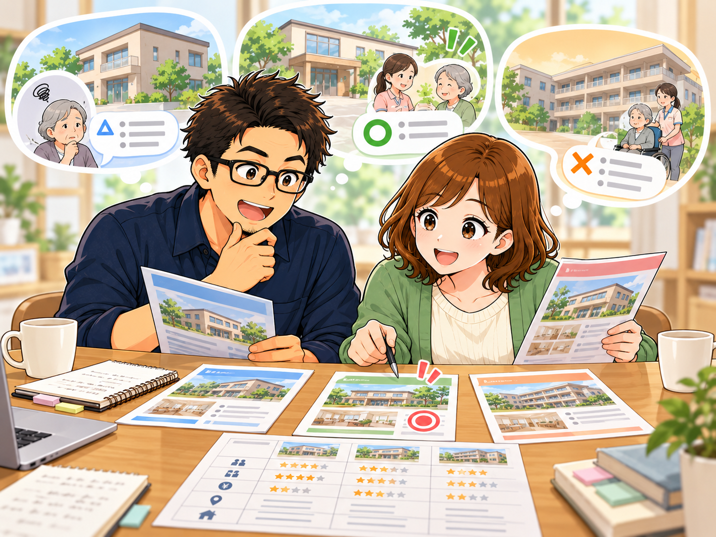 - 複数の老人ホームを比較し入居先を検討する夫婦
