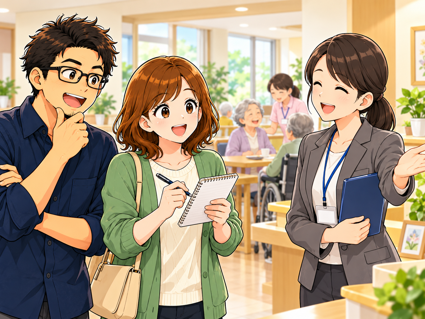 老人ホームを見学し職員や施設の雰囲気を確認する夫婦