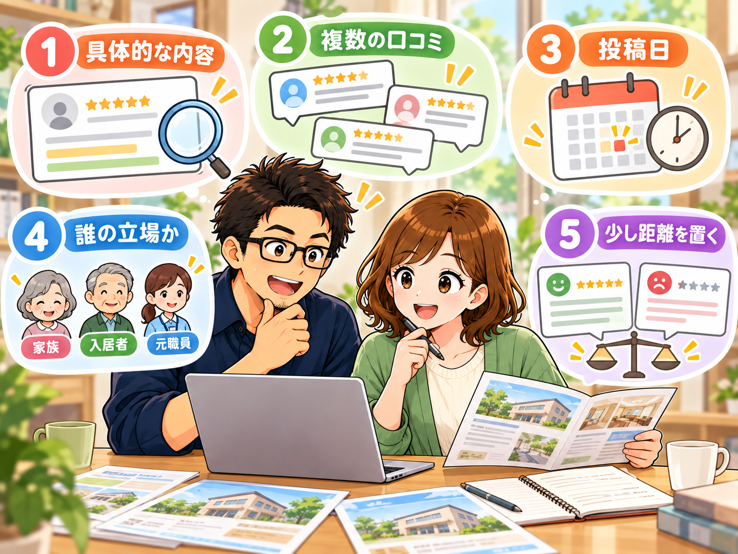 老人ホームの口コミを見る5つのポイントを確認する夫婦